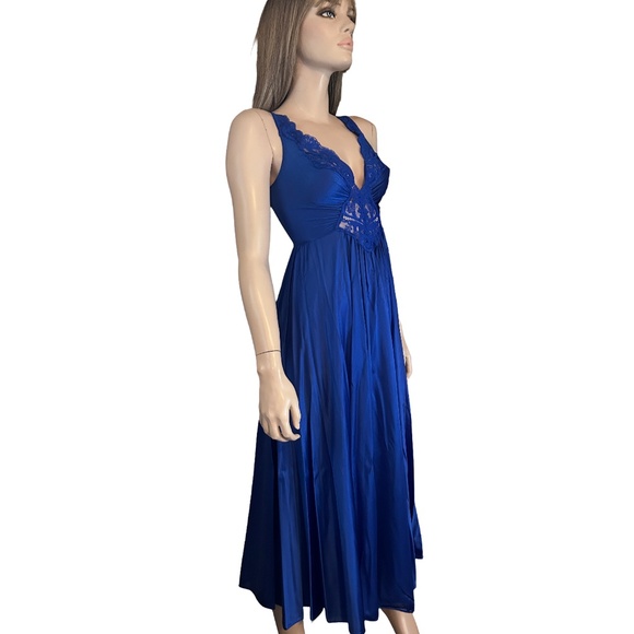 Olga Cobalt Blue Lingerie Set Negligee Full Sweep Nightgown Robe Lace Vtg 80s - Picture 8 of 16
